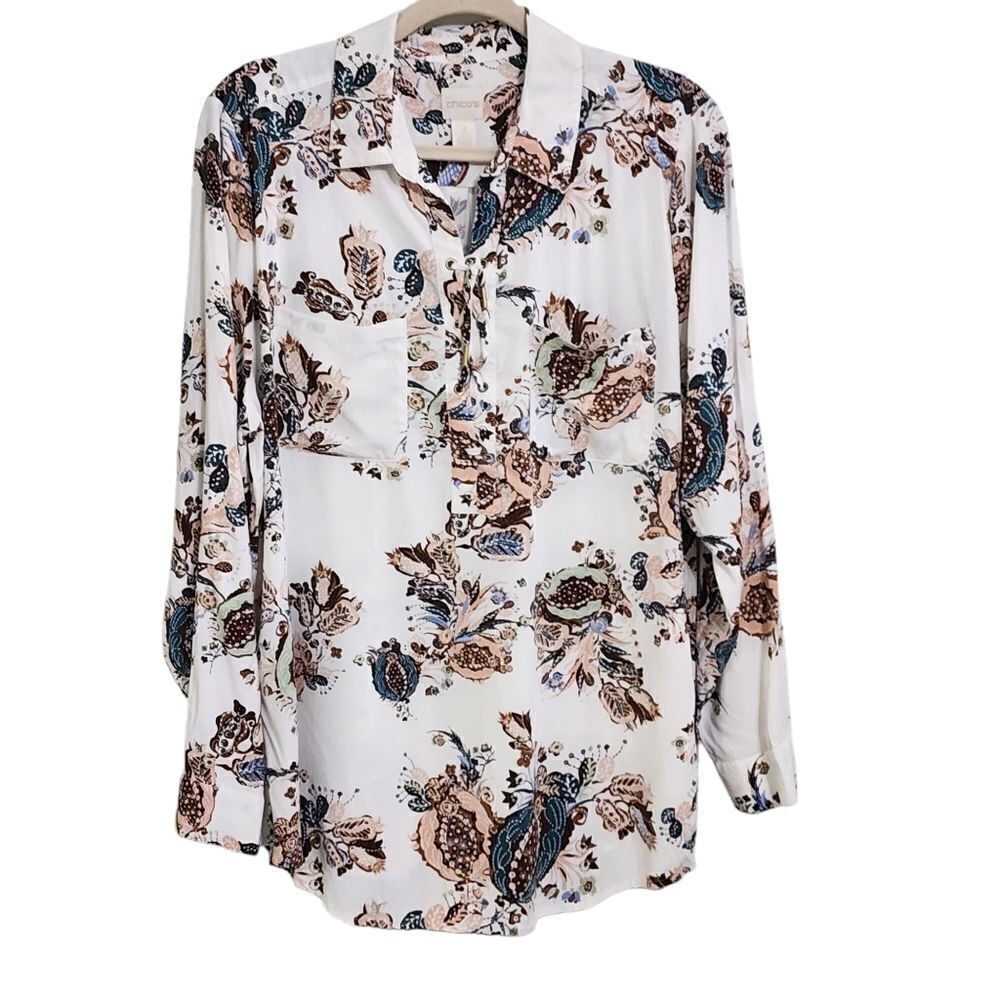 Chico's top long sleeve floral print lace up neck Sz 16